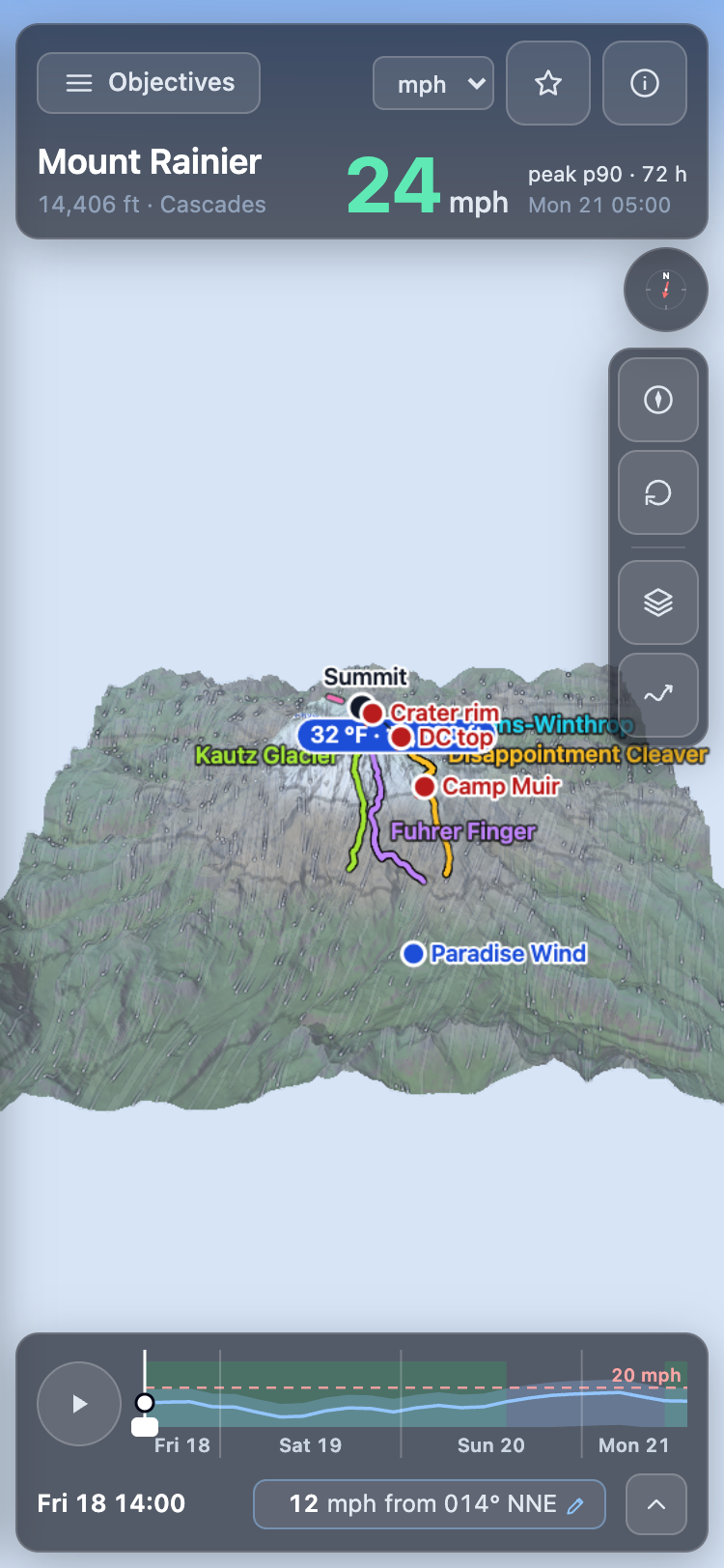 Lampmile showing Mount Rainier in 3D, the ground streaked with the wind, the Disappointment Cleaver, Kautz Glacier, Fuhrer Finger and Emmons-Winthrop routes traced to the summit with Camp Muir, the crater rim and the top of the Cleaver marked, and a timeline below with a 20 mph threshold whose windows are shaded green.
